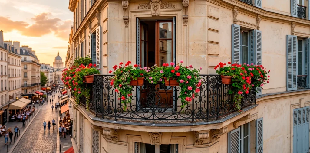 Lush red geraniums spilling from window boxes on a classic French balcony with wrought iron details.