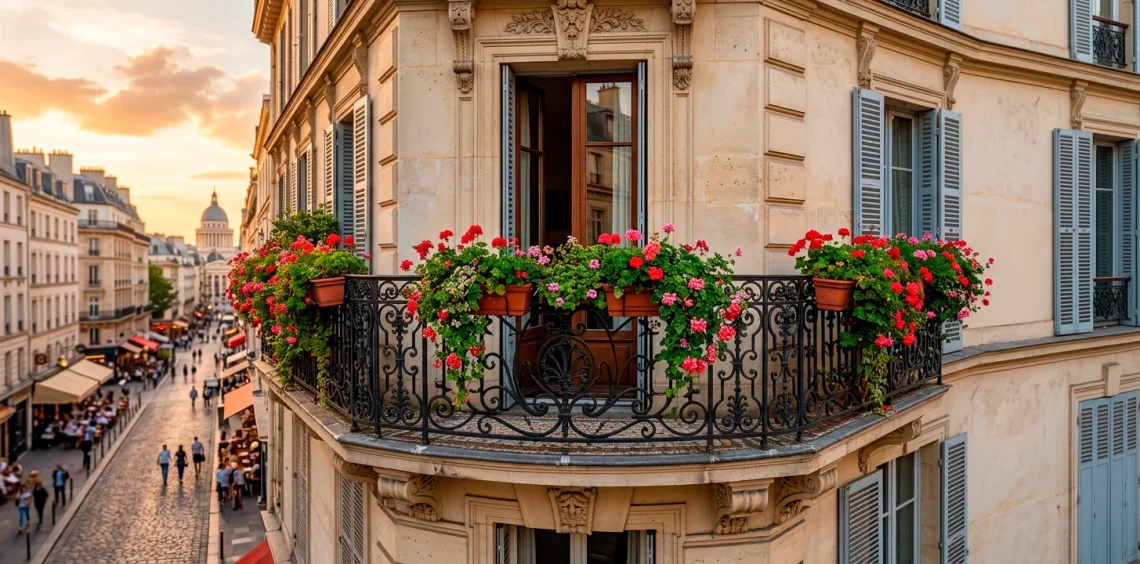 Lush red geraniums spilling from window boxes on a classic French balcony with wrought iron details.