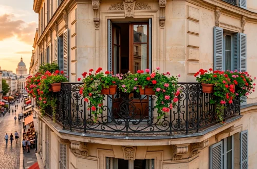 Lush red geraniums spilling from window boxes on a classic French balcony with wrought iron details.