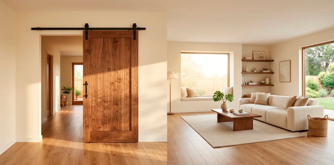 A modern living room featuring a stunning rich walnut wood sliding barn door with matte black hardware in bright natural light.