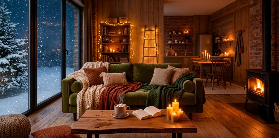 Cozy winter studio apartment interior with chunky knit blankets, warm candle light, and snowy window view