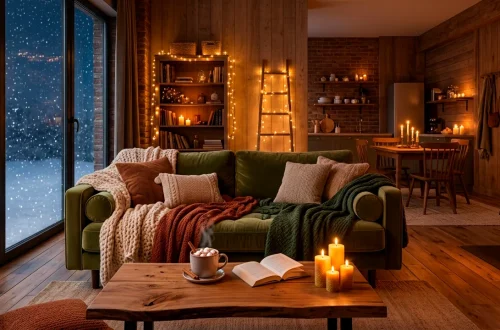 Cozy winter studio apartment interior with chunky knit blankets, warm candle light, and snowy window view