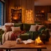 Cozy winter studio apartment interior with chunky knit blankets, warm candle light, and snowy window view