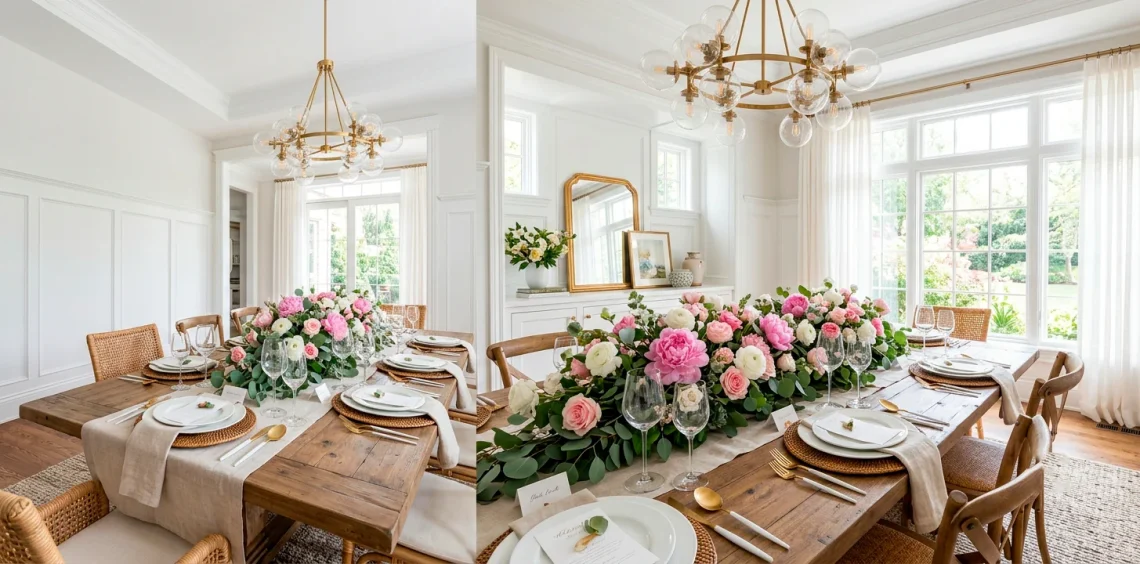 Elegant dining room decorated for Mother's Day brunch with fresh flowers and linen runner