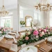 Elegant dining room decorated for Mother's Day brunch with fresh flowers and linen runner