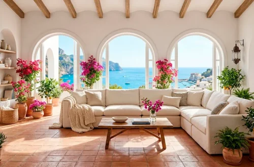 Sun-drenched Mediterranean living room featuring white plaster walls, terracotta tiles, and a cream linen sofa overlooking the ocean.