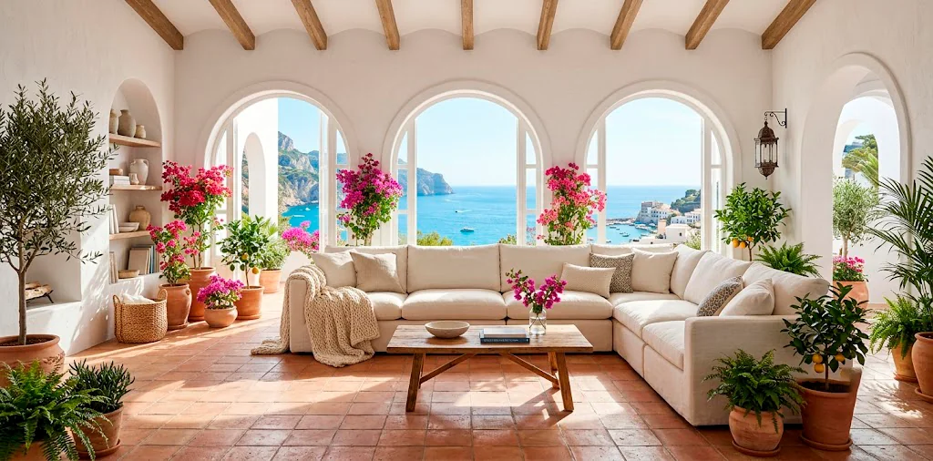 Sun-drenched Mediterranean living room featuring white plaster walls, terracotta tiles, and a cream linen sofa overlooking the ocean.