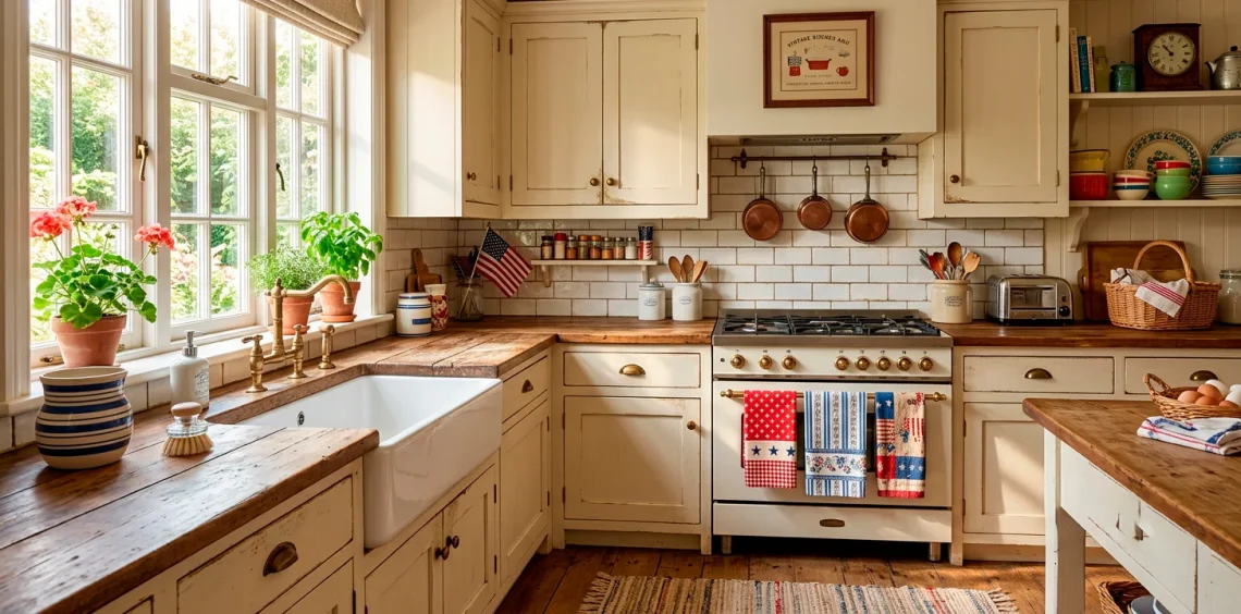 Vintage red white and blue kitchen towels draped in a cozy retro sunlit Americana kitchen