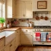 Vintage red white and blue kitchen towels draped in a cozy retro sunlit Americana kitchen