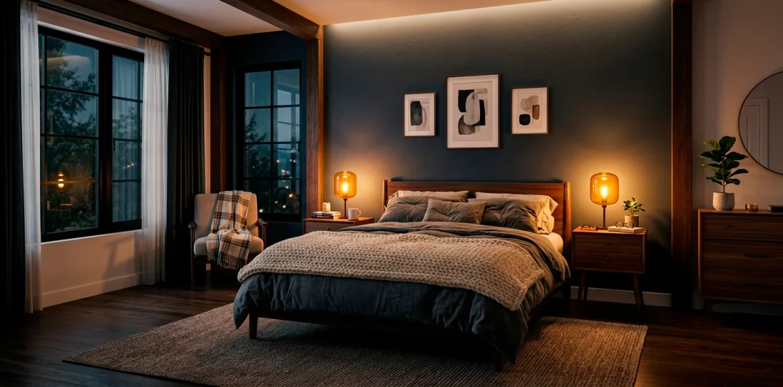 Cozy bedroom bathed in warm light from amber glass nightstand lamps resting on wooden tables.