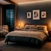 Cozy bedroom bathed in warm light from amber glass nightstand lamps resting on wooden tables.