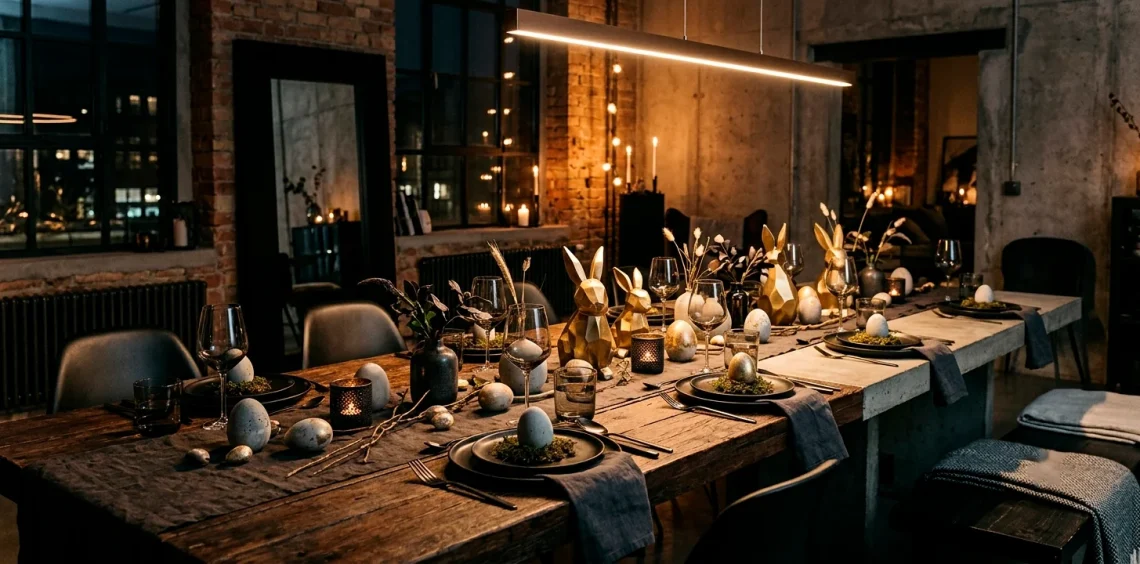 Modern industrial Easter table setting featuring dark styling, raw concrete eggs, and edgy metallic gold bunny decorations.