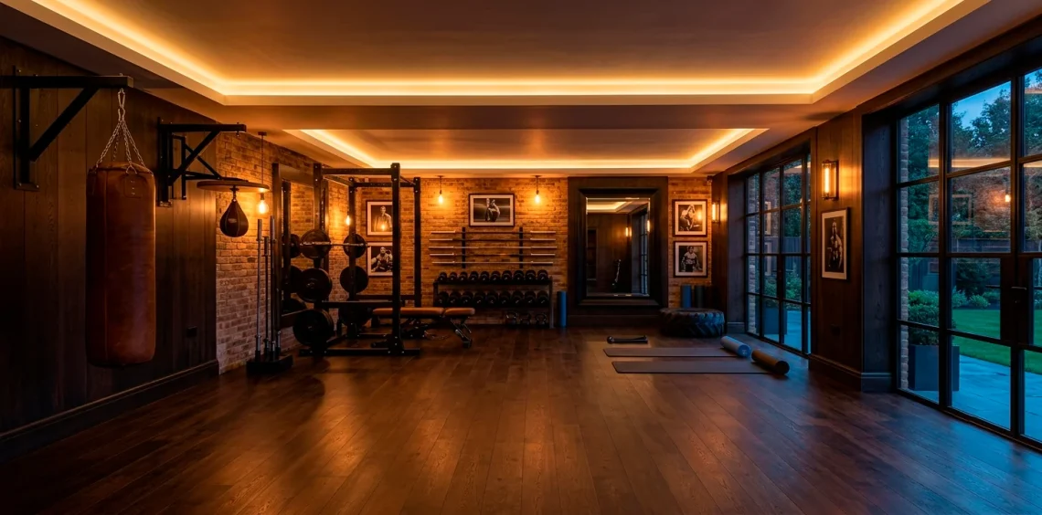 Luxurious masculine home gym with rich dark espresso wood floors and matte black fitness equipment