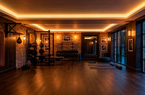 Luxurious masculine home gym with rich dark espresso wood floors and matte black fitness equipment