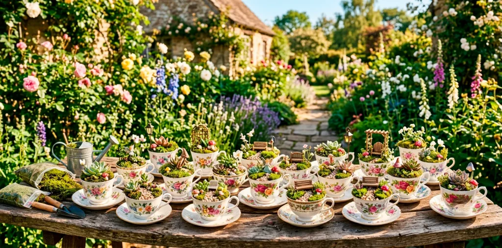 A rustic wooden table displaying multiple vintage teacup fairy gardens with moss and tiny succulents in spring sunlight.