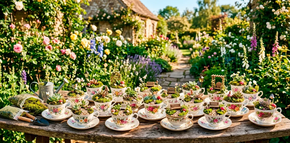 A rustic wooden table displaying multiple vintage teacup fairy gardens with moss and tiny succulents in spring sunlight.