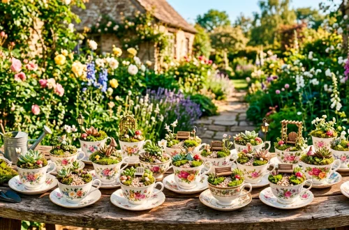 A rustic wooden table displaying multiple vintage teacup fairy gardens with moss and tiny succulents in spring sunlight.