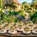 A rustic wooden table displaying multiple vintage teacup fairy gardens with moss and tiny succulents in spring sunlight.