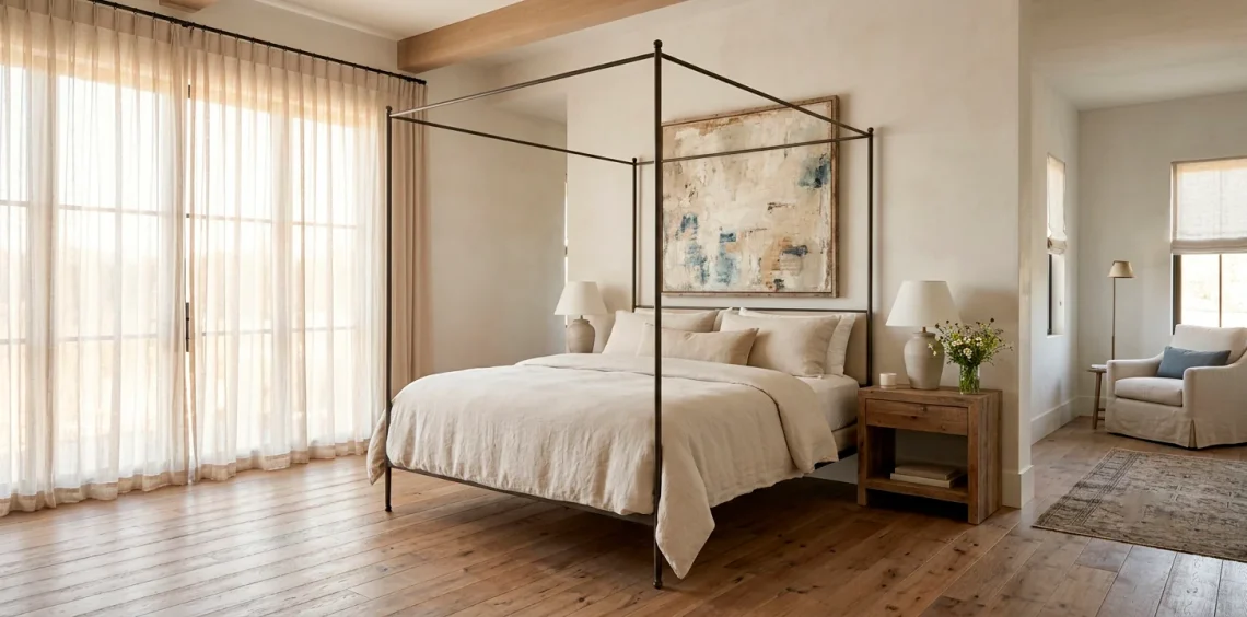 A modern French Country bedroom featuring an iron canopy bed, linen bedding, and limewashed walls.