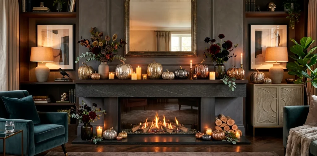 Chic living room mantel decorated for Halloween with glamorous sequin-covered pumpkins, glowing candles, and moody florals.
