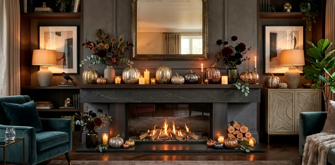 Chic living room mantel decorated for Halloween with glamorous sequin-covered pumpkins, glowing candles, and moody florals.