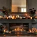 Chic living room mantel decorated for Halloween with glamorous sequin-covered pumpkins, glowing candles, and moody florals.