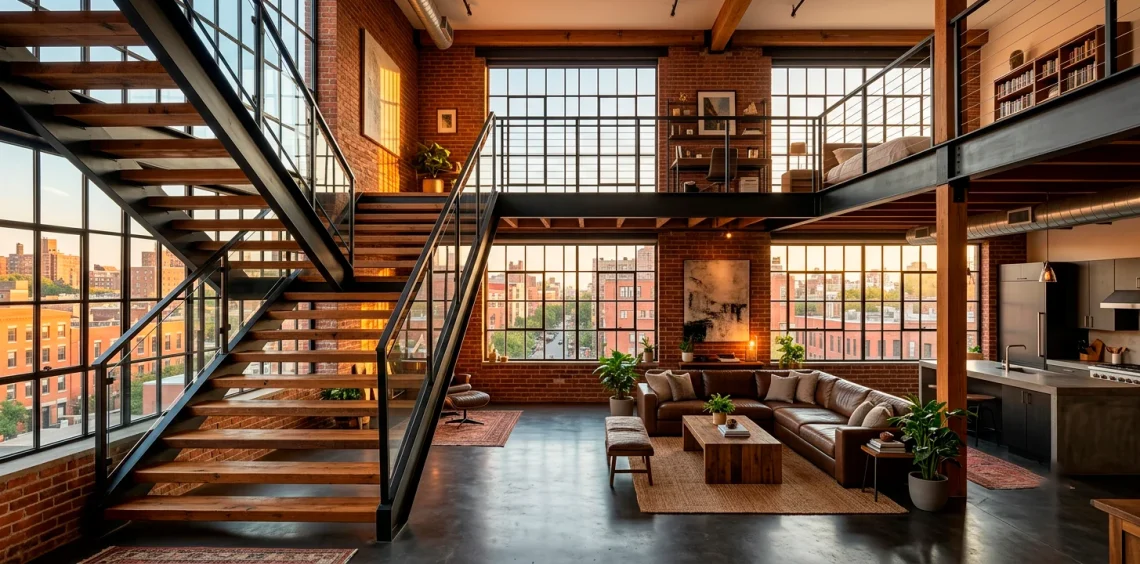 Wide view of a modern industrial loft duplex with a prominent black steel and reclaimed wood staircase and exposed brick.