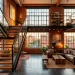 Wide view of a modern industrial loft duplex with a prominent black steel and reclaimed wood staircase and exposed brick.