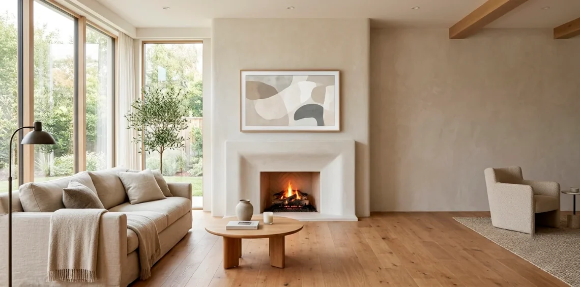 Minimalist living room with a styled plaster fireplace and a frame TV displaying abstract art