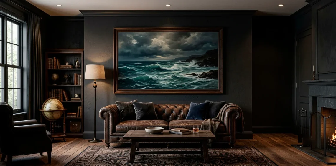 Dark charcoal living room featuring a large moody stormy ocean landscape painting over a leather sofa