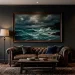 Dark charcoal living room featuring a large moody stormy ocean landscape painting over a leather sofa