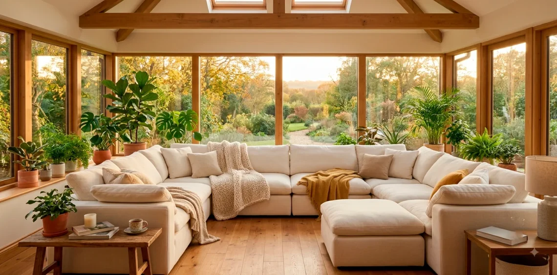 Cozy sunroom with a plush cream modular sectional sofa and large windows