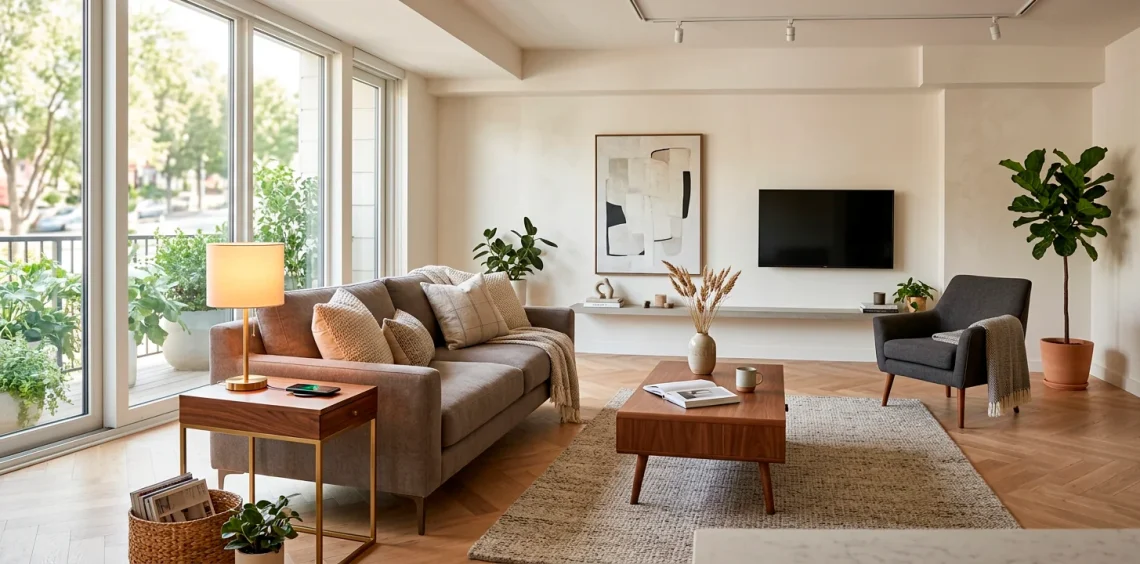 Stylish living room with a smart walnut side table with wireless charging ports.
