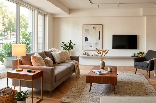 Stylish living room with a smart walnut side table with wireless charging ports.