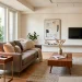 Stylish living room with a smart walnut side table with wireless charging ports.