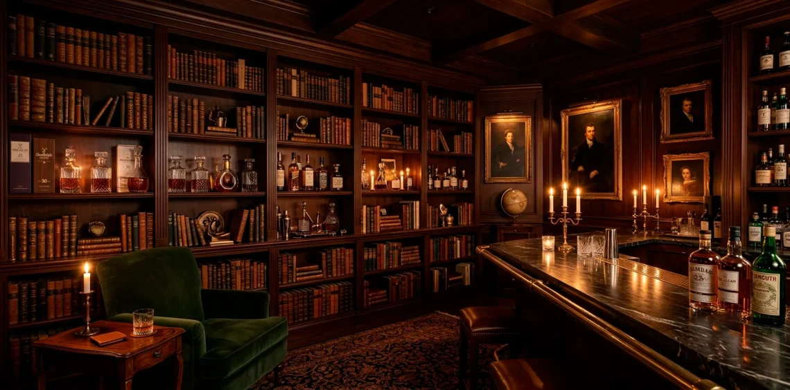 A moody dark academia home bar featuring dark wood bookshelves, crystal decanters, and candlelight