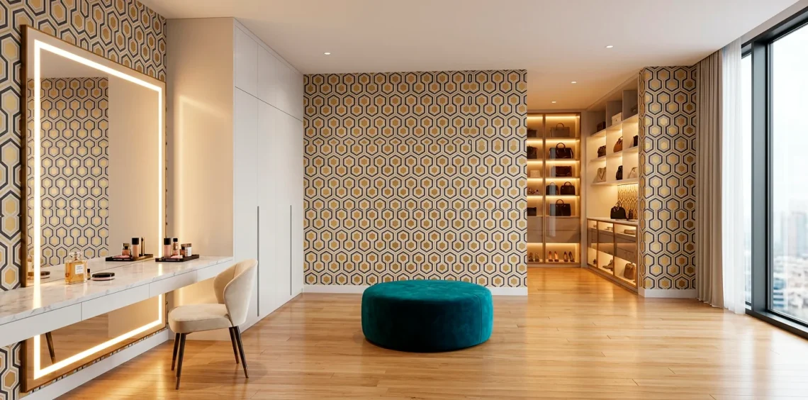 Wide view of a modern dressing room featuring geometric wallpaper and luxury built-in wardrobes