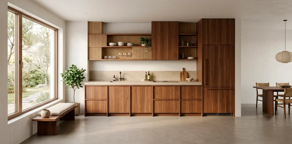 Wide horizontal view of a warm walnut Japandi kitchen featuring minimalist beige concrete countertops and natural sunlight.