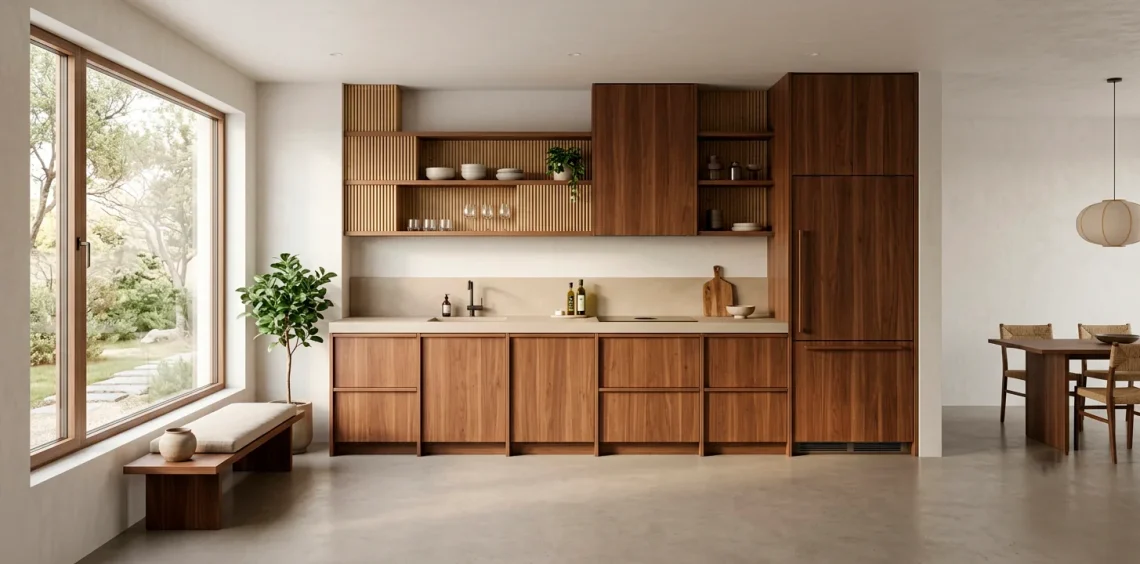 Wide horizontal view of a warm walnut Japandi kitchen featuring minimalist beige concrete countertops and natural sunlight.
