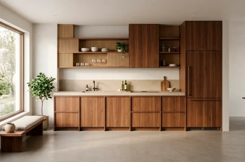 Wide horizontal view of a warm walnut Japandi kitchen featuring minimalist beige concrete countertops and natural sunlight.