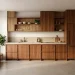 Wide horizontal view of a warm walnut Japandi kitchen featuring minimalist beige concrete countertops and natural sunlight.