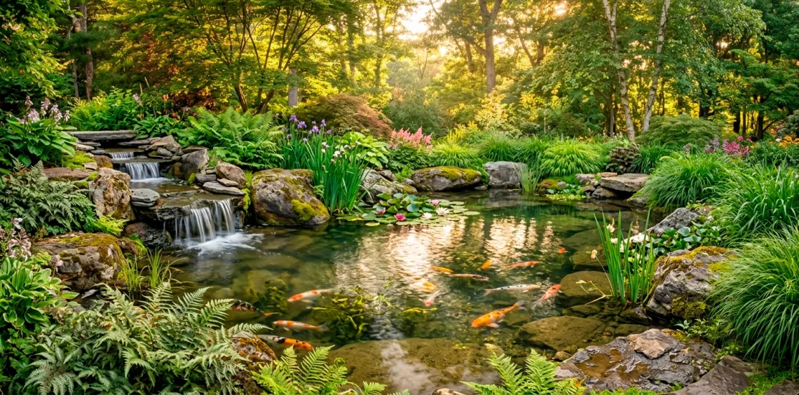 Wide view of a stunningly landscaped natural backyard pond with a slate waterfall, mossy boulders, and lush green plants.