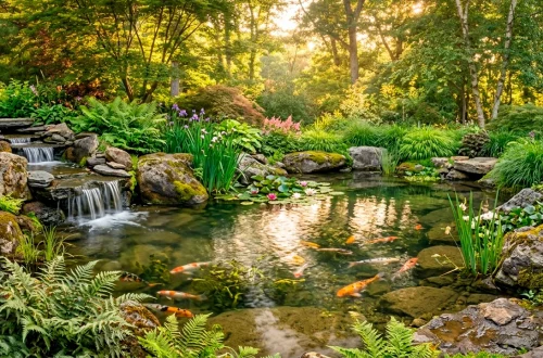 Wide view of a stunningly landscaped natural backyard pond with a slate waterfall, mossy boulders, and lush green plants.