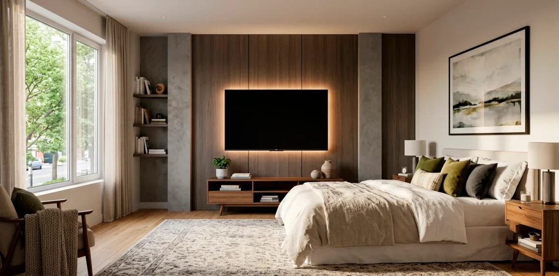 Modern bedroom with a perfectly positioned wall-mounted TV glowing softly above a dresser