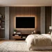 Modern bedroom with a perfectly positioned wall-mounted TV glowing softly above a dresser