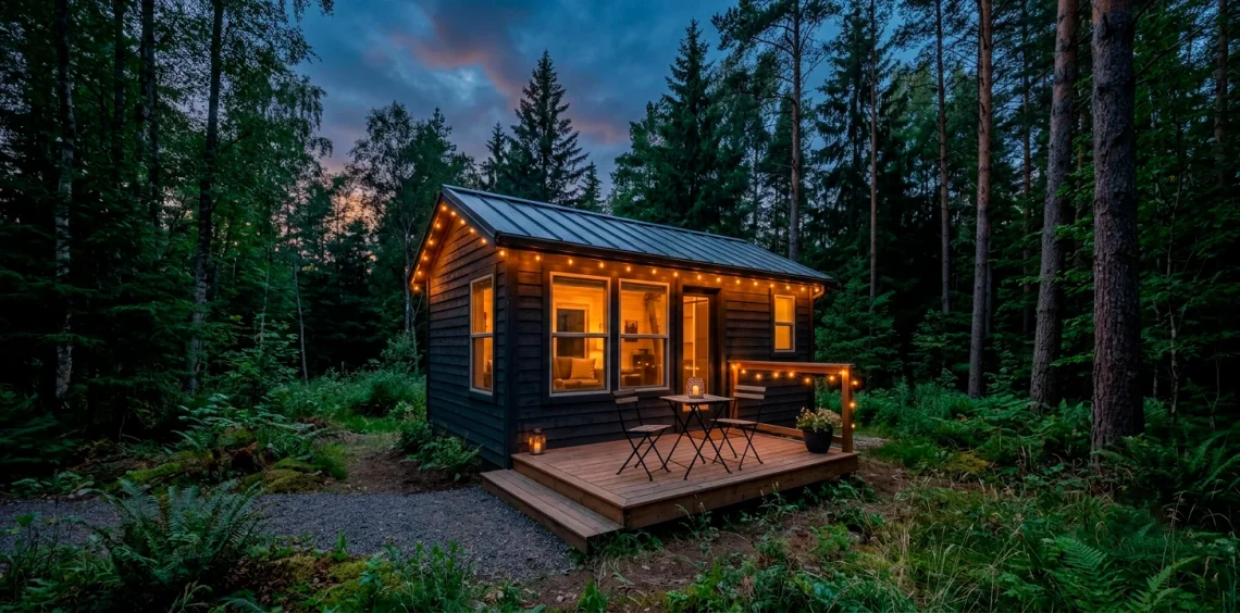 Cozy dark-painted small cabin in a forest with warm string lights and a small deck at twilight