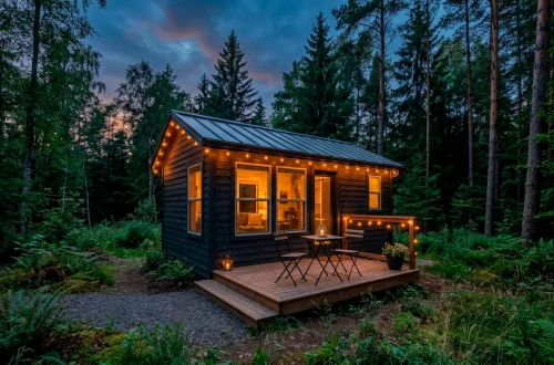 Cozy dark-painted small cabin in a forest with warm string lights and a small deck at twilight