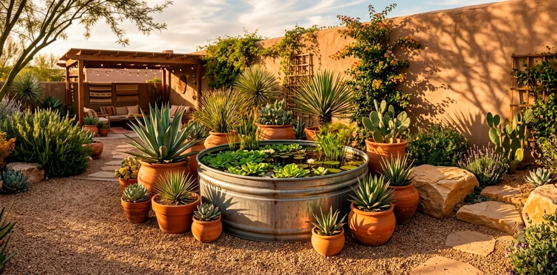Bohemian desert stock tank pond surrounded by terracotta pots, gravel, and succulents in a backyard.