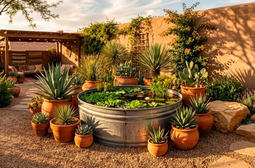 Bohemian desert stock tank pond surrounded by terracotta pots, gravel, and succulents in a backyard.