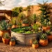Bohemian desert stock tank pond surrounded by terracotta pots, gravel, and succulents in a backyard.
